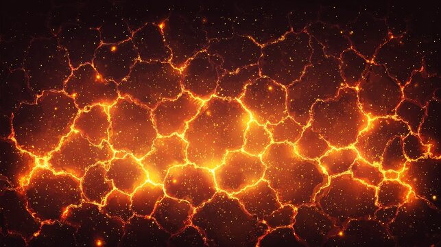 Ground crack with glowing hot lava fissures, burning magma fractures, fiery sparkles on dark volcanic terrain surface. Abstract vector background of broken cave, black land, red molten rock texture