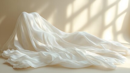 Abstract minimal arrangement of crumpled white fabric, showcasing soft drapes, subtle textures, and natural light with gentle shadows