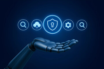 Futuristic Robotic Hand with Cybersecurity Technology Icons – AI Data Protection and Innovation Concept on Blue Digital Background