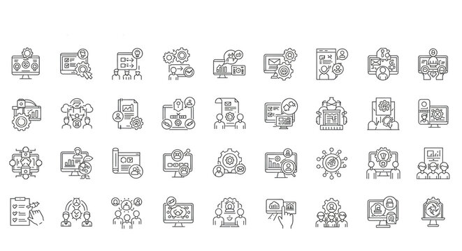 Collection of workflow and business process icons in outline style on a white background