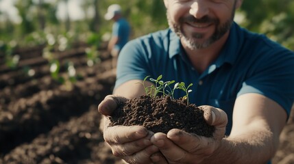 Naklejka premium Man holding young plants in his hands, smiling. Healthy growth, careful hands