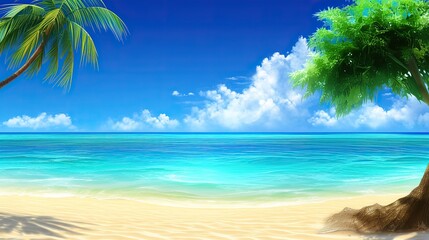 Tranquil beach scenery with clear turquoise waters, sand and palm trees swaying in the breeze under a clear blue sky. Perfect for summer vacation posters or travel ads.