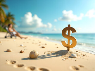 Golden dollar symbol on a beach sand mound, representing financial freedom, wealth, and summer vacation. Generative AI