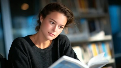 Young woman in wheelchair reading braille book in library - Powered by Adobe