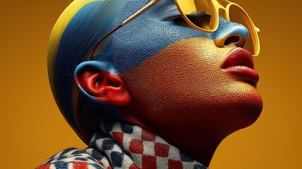 Brightly colored geometric patterns cover the face. Futuristic and abstract look.