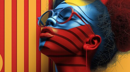 Brightly colored geometric patterns cover the face. Futuristic and abstract look.