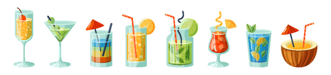 Cocktail pixel art. Icon 8-bit drink, vintage Y2k. Beverage retro, tropical menu isolated alcohol, martini, juice, soda lemonade. Cold mojito and margarita. Game summer food. Vector garish symbol