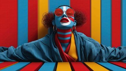 Brightly colored geometric patterns cover the face. Futuristic and abstract look.