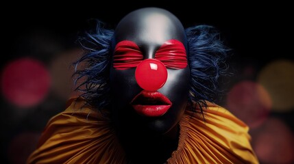 Brightly colored geometric patterns cover the face. Futuristic and abstract look.
