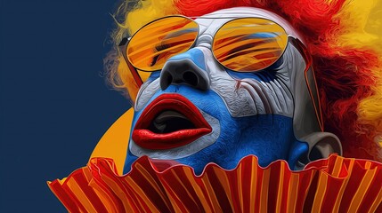 Brightly colored geometric patterns cover the face. Futuristic and abstract look.