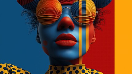 Brightly colored geometric patterns cover the face. Futuristic and abstract look.
