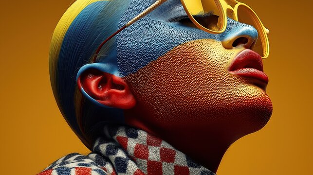 Brightly colored geometric patterns cover the face. Futuristic and abstract look.