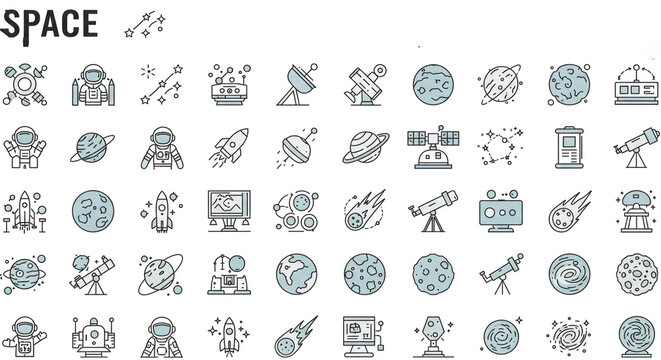 Collection of space themed editable line icons featuring astronauts planets and astronomical objects