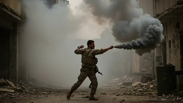 Soldier using a smoke grenade in a war-torn urban environment, with debris and smoke in the background