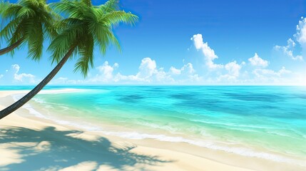Fototapeta premium Tranquil beach scenery with clear turquoise waters, sand and palm trees swaying in the breeze under a clear blue sky. Perfect for summer vacation posters or travel ads.