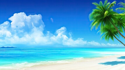 Tranquil beach scenery with clear turquoise waters, sand and palm trees swaying in the breeze under a clear blue sky. Perfect for summer vacation posters or travel ads.