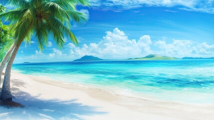 Obraz premium Tranquil beach scenery with clear turquoise waters, sand and palm trees swaying in the breeze under a clear blue sky. Perfect for summer vacation posters or travel ads.