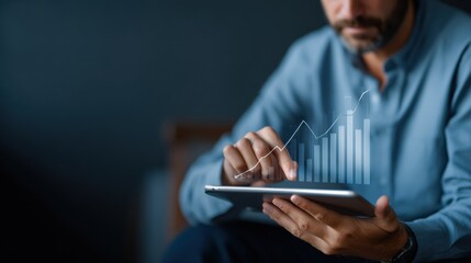 Man analyzing data on tablet, interacting with digital graphs and charts, showcasing insights and trends in modern workspace. atmosphere is focused and professional