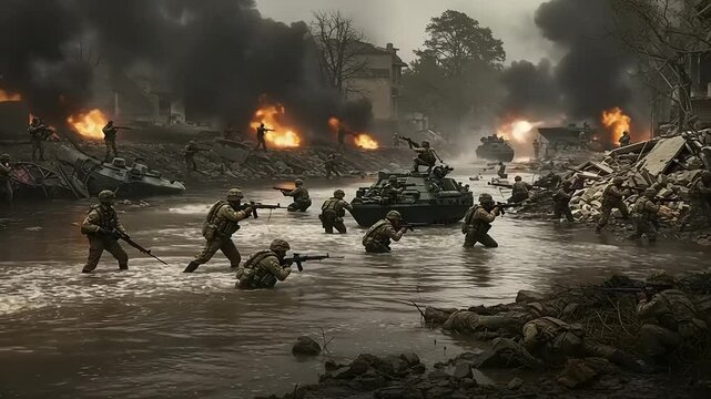 Soldiers advancing through a flooded urban battlefield amid smoke and explosions during conflict
