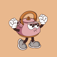 Retro character design of angry kettle