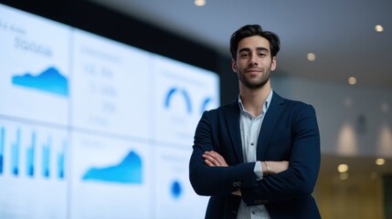 Confident man stands in front of large digital screens displaying data visualizations, showcasing his professional demeanor in modern office environment