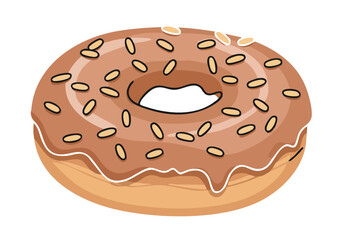 A delicious chocolate donut with sprinkles falls dramatically against a blurred city skyline. Bold, graphic illustration style. Perfect for food, dessert, or lifestyle themes.