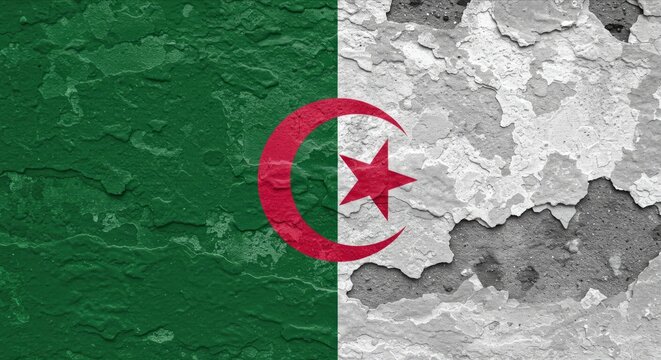 Algeria Flag on Cracked Wall, National Day, Independence Day. Textured Wall with Algeria Flag, History and Resilience. Concept of Crisis, Recession, Conflict. - Powered by Adobe