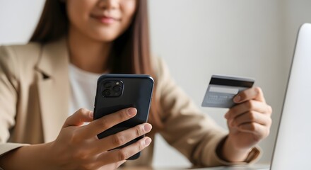 Woman Making Online Payment with Smartphone and Credit Card