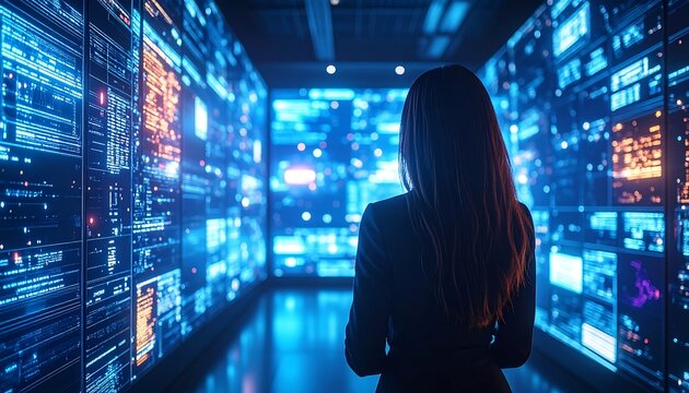 Woman in Data Center Watching Digital World  Cybersecurity with AI, and Technology.