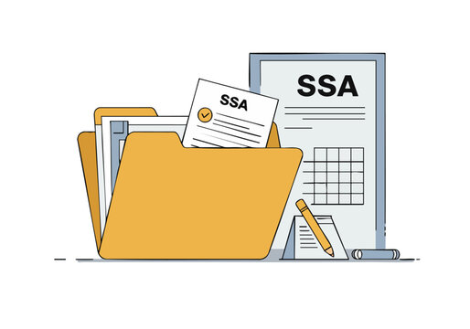 vibrant illustration showcases a file folder containing retirement plan documents with the -SSA- logo It-s a clean modern design perfect for financial or retirement planning visuals