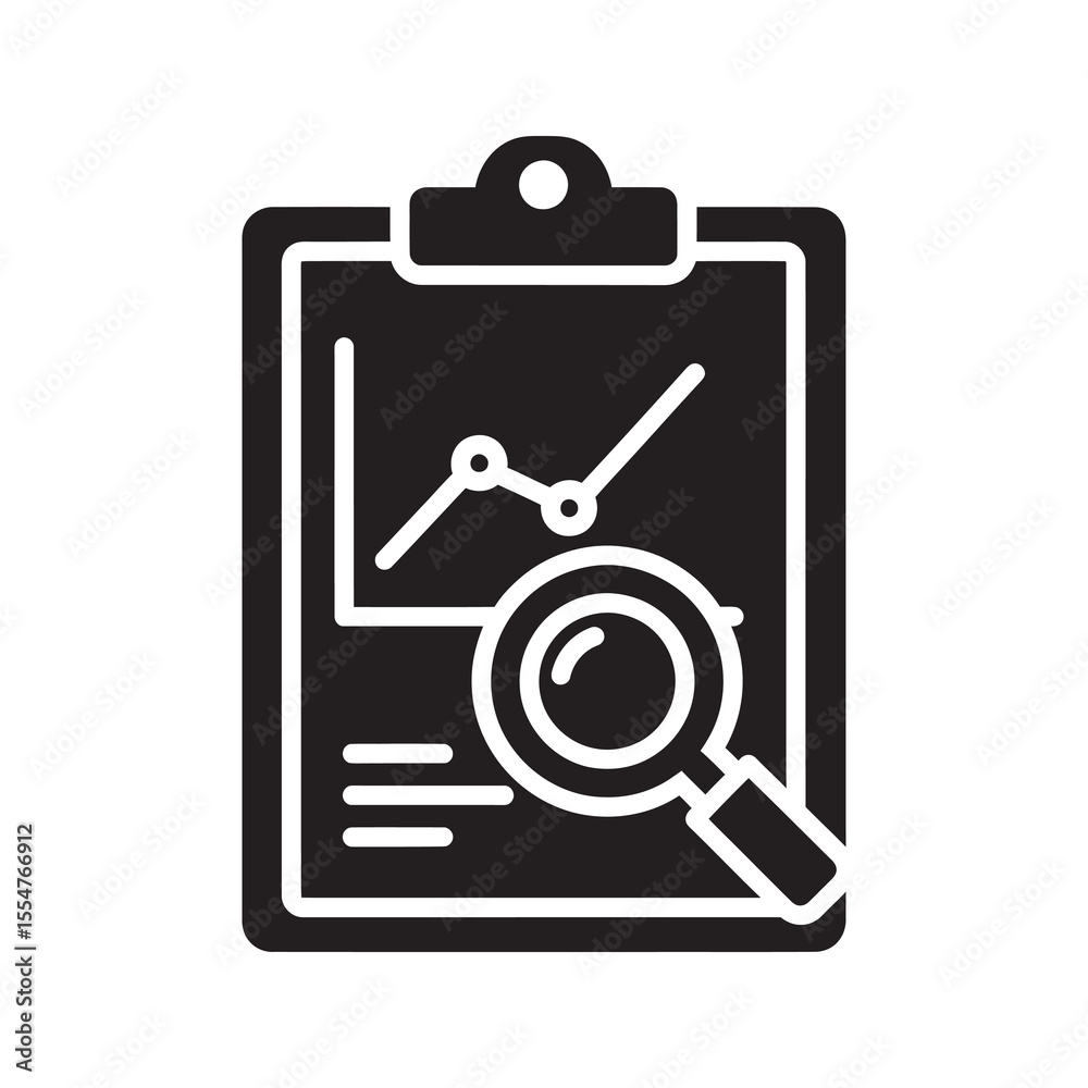 Poster business analysis report on clipboard with magnifying glass and line graph for auditing financial da