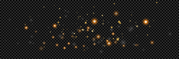 Festive golden bokeh and dust particles shimmering in the air, gold lights and dark background