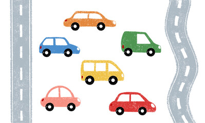 Set of different cars and roads kid drawing chalk pastel crayon or pencil texture. Children hand drawn vector illustration design elements.