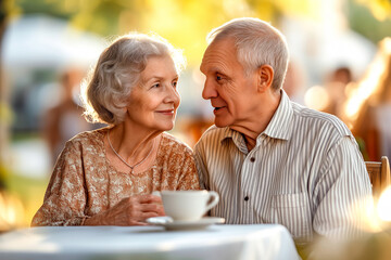 Elderly Caucasian couple gazing affectionately at each other over coffee at an outdoor cafe during a sunny day. Concept of love and companionship in later life, celebrating meaningful relationships