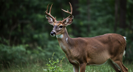Majestic Buck with Velvet Antlers Standing Alert in Nature.