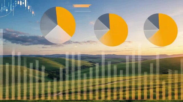Vibrant sunset over rolling hills with financial data overlay, showcasing growth trends - Powered by Adobe