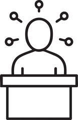 Speaker at Podium with Ideas Radiating Outward Representing Communication Knowledge and Public Speaking in a Simple Line Art Style