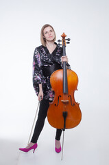 Woman with Cello, Holding Bow, White Background