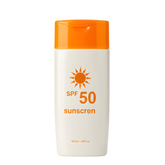 SPF 50 Sunscreen Bottle with Orange Cap and Sun Icon on White Background