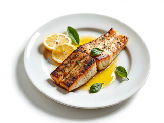 Grilled salmon steak served with lemon slices on white plate, perfect for food, healthy eating, and culinary themes. Generative AI