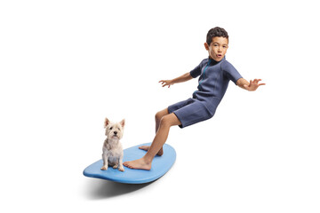 Kid in a wetsuit riding a surfboard with a dog
