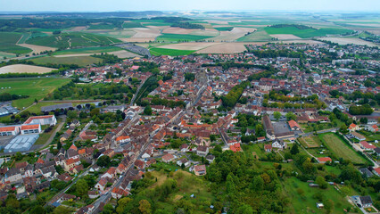 Aerial panoramic View Of The Old city Sezanne, In France on a sunny spring afternoon