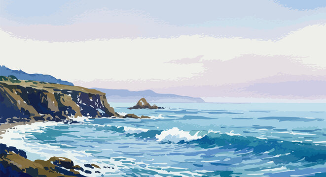 A modern watercolor coastal scene with cliffs and gentle sea waves in calming blue tones, perfect for serene wall art in coastal or minimalist interiors