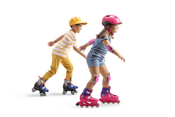 Boy riding roller skates and girl riding roller blades