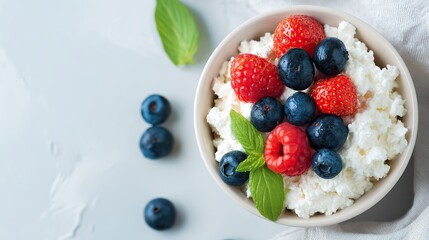 Bowl of berries and cottage cheese in flat lay on light gray background. Top view, food in focus on clean backdrop, simple clear presentation for commercial product packaging design.