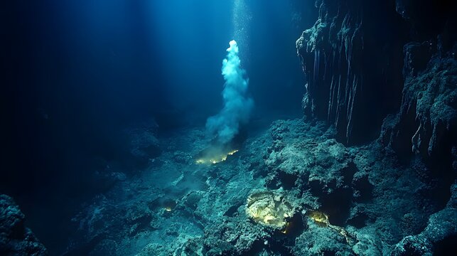 Glowing creatures thrive near a deep sea thermal vent