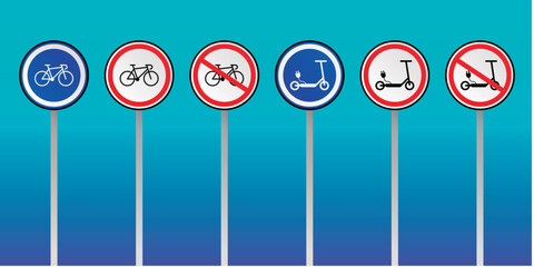 Bicycle and scooter forbidden and allowed safety road street signs. Editable vector icon set.