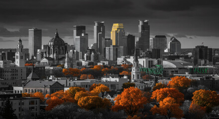 Minneapolis Skyline with Gold Building and Orange Autumn Trees.