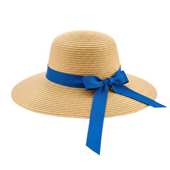 Elegant straw sunhat with a vibrant blue ribbon tied in a bow on white