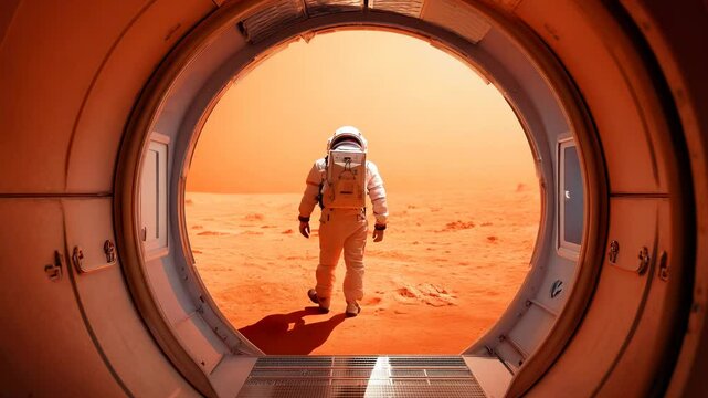 Astronaut steps from spacecraft interior onto orange Martian landscape through circular portal, wearing white spacesuit with backpack. Dramatic orange-red terrain visible through round window.